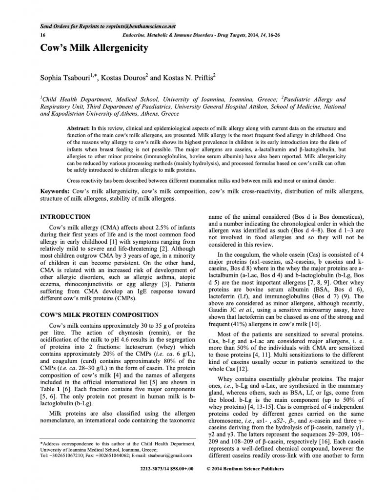 Tsabouri S. Cow's Milk Allergenicity. EMIDDT 2014