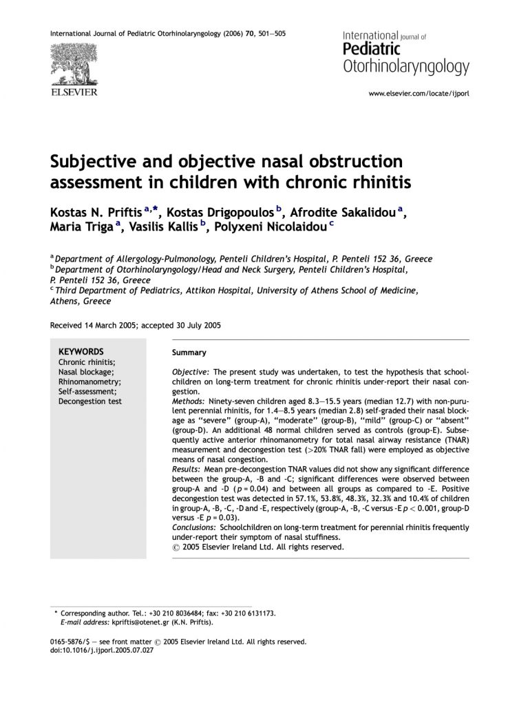 Priftis et al. Nasal obstruction. Int J Pediatr ORL 2006