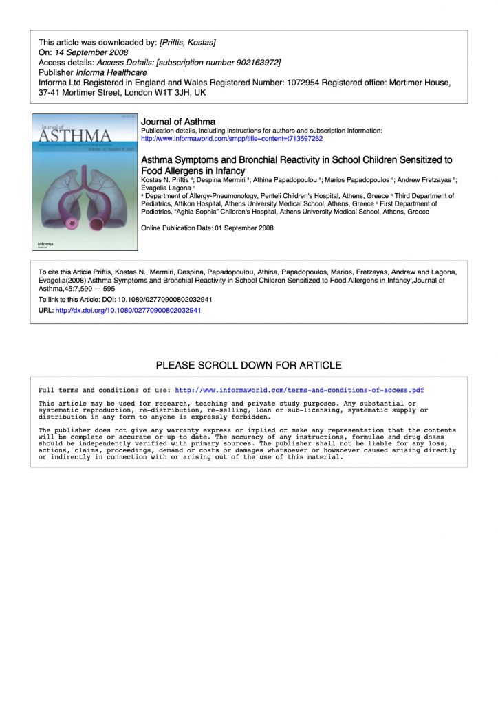 Priftis et al. Asthma Symptoms and Bronchial Reactivity. J Asthma 2008